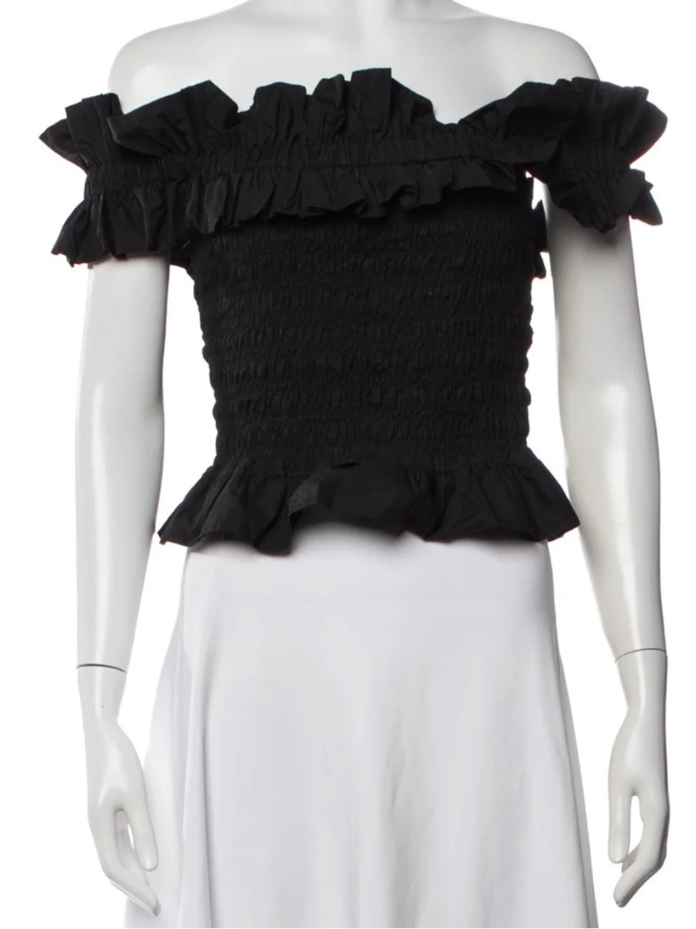 Ganni Women’s Off-Shoulder Ruffle Smocked Top - Black